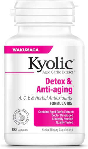 Kyolic Aged Garlic Extract Formula 105, Detox and Anti-Aging, 100 Capsules