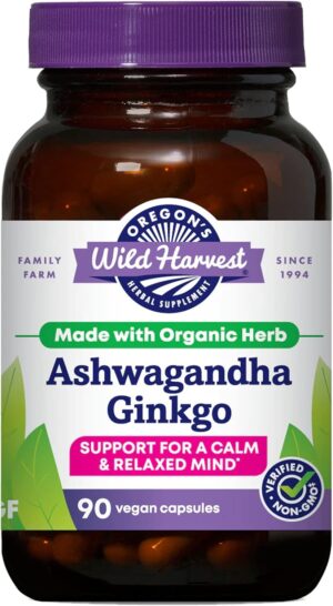 Oregon's Wild Harvest Ashwagandha Ginkgo Organic Non-GMO Herbal Supplements 90 Count