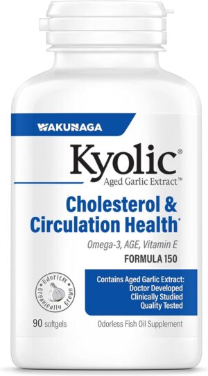 Kyolic Aged Garlic Extract Formula 150, Cholesterol and Circulation Health, Omega-3 90 Soft Gels